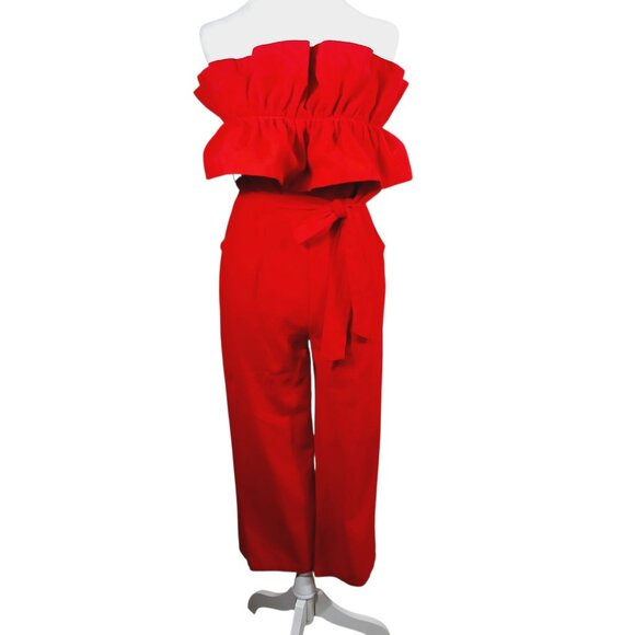 ambition Pants - Ambition, Med., Red Strapless Linen Blend Jumpsuit W/ Ruffled Top, Calf Length